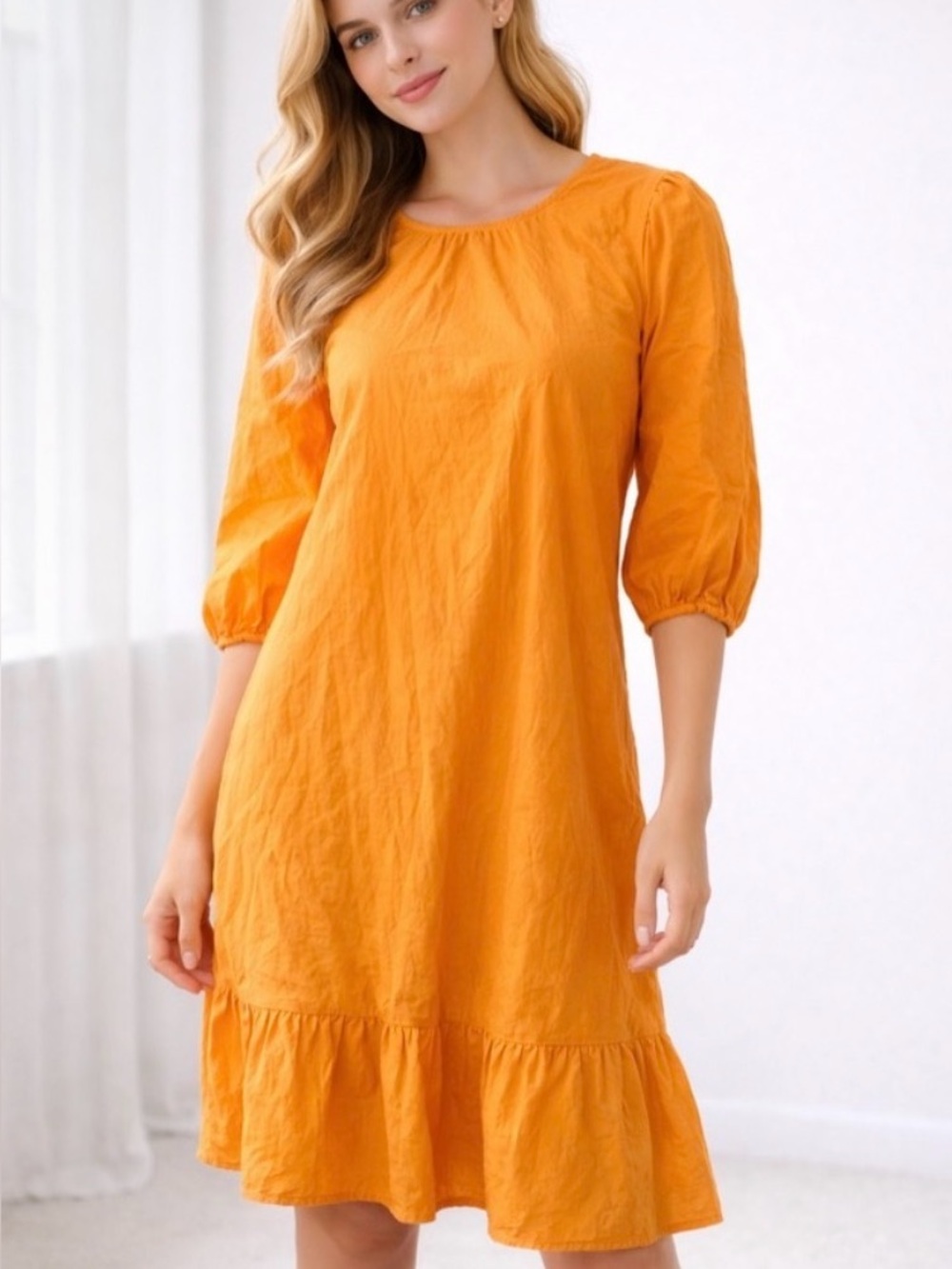 MONKI Bright Orange Puff Sleeve Dress 🍊 Summer Statement - Flowy Ruffle - SizeXS
